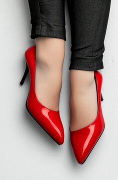 Glossy red high heels on white background showcasing sleek design and elegant style