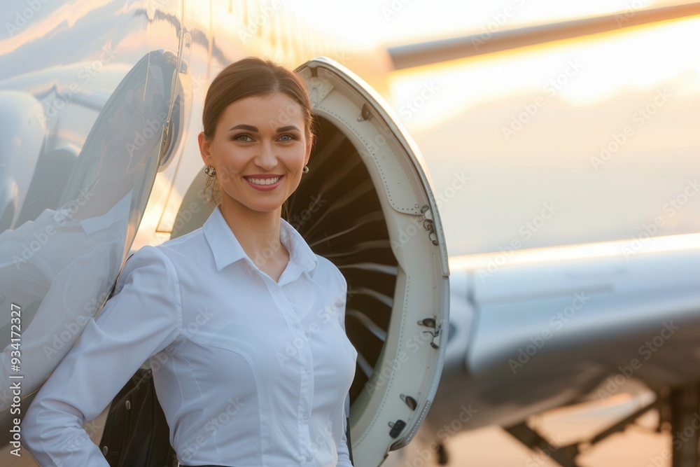 Poster a flight attendant smiles while leaning against an airplane turbine in a beautiful sunset backdrop a