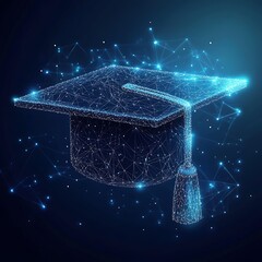Abstract low poly graduation cap with glowing dots set against dark blue background representing education technology, digital learning tools, academic achievement