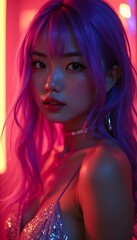 Naklejka premium Young pretty Asian woman with glitter make-up wearing sporty fashion, white clothes, model posing isolated on a colorful modern pink and blue background, k-pop style