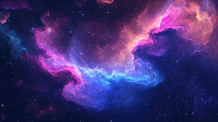 Swirling nebula waves in deep space, vibrant colors of purple and blue, creating a cosmic dance of light and shadow.