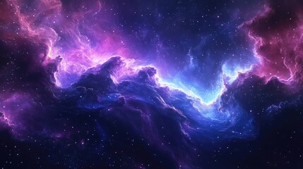Vibrant nebula waves against the void of space, featuring deep purples and blues with a soft, ethereal glow.