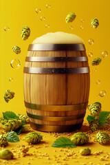 Wooden Beer Barrel with Foamy Pint of Lager and Fresh Hops
