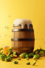 Wooden Beer Barrel with Foamy Pint of Lager and Fresh Hops