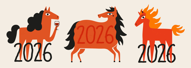 Vector illustration set with red horses, wine glass and 2026 number. New year print design with animal, greeting card template