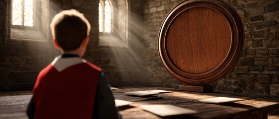 A boy gazes at a wooden disk in a dimly lit room, surrounded by sunlight and old papers, evoking a sense of curiosity and wonder.
