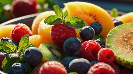 Obraz premium A vibrant selection of fresh fruits is beautifully arranged in a bowl, featuring strawberries, blueberries, cantaloupe, and mint leaves, showcasing summer's bounty