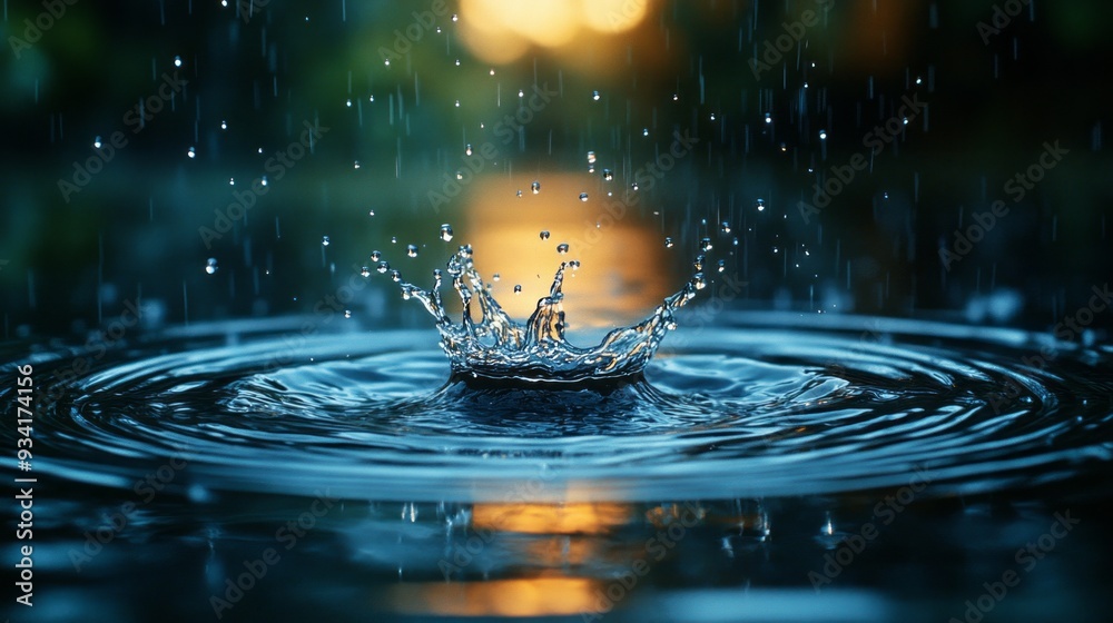 Poster raindrops fall delicately, causing ripples that expand across the tranquil water surface, capturing 