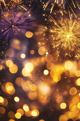 Fototapeta premium Golden and dark violet fireworks burst vibrantly against a backdrop of bokeh lights, creating a dazzling display for New Year’s Eve