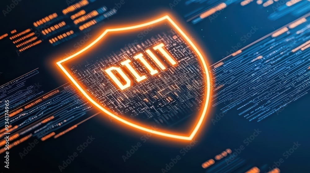 Poster a digital shield symbolizing cybersecurity, featuring a glowing design and binary code elements, per