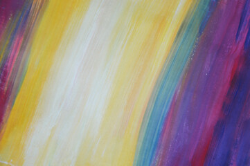 Purple, yellow, white diagonal brush strokes on paper. Bright multicolored artistic background for design.