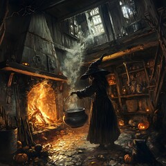 Witch Stirring Mystical Brews in a Weathered Wooden House with Occult Relics and Ancient Magic
