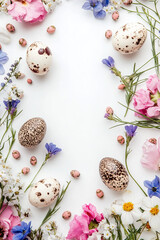 Top view of delicate Easter quail eggs nestled among vibrant springtime flowers, set against a crisp white background