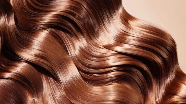 Shiny brown hair flowing with soft waves showcases a glossy finish, creating an eye-catching and elegant look under natural light
