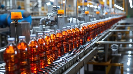 A close up of a bottle filling production line. The bottles are filled with an amber liquid and are moving along the conveyor belt. The bottles are being filled and capped.