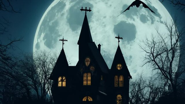 Mysterious haunted house under a full moon at midnight
