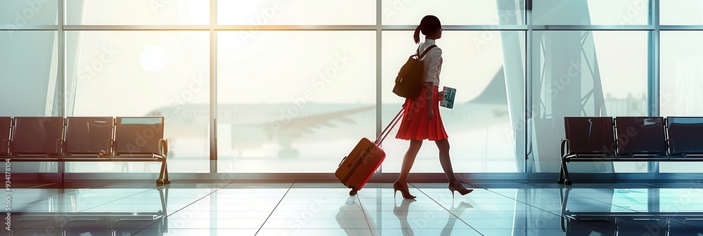 Aufkleber A flight attendant strolls through an airport terminal, pulling luggage and enjoying the morning light streaming in from large windows. Generative AI
