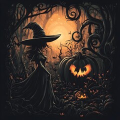 Bewitching Witch and Ornate Glowing Pumpkin in Whimsical Halloween Scene