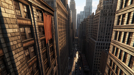 A stunning aerial view of a bustling city street surrounded by tall skyscrapers under a clear sky, showcasing urban life and architecture.