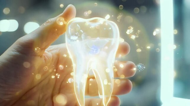 A person holds a luminous tooth model, surrounded by sparkling elements, in a contemporary dental clinic