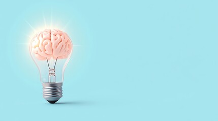 A creative concept symbolizing ideas and intelligence, featuring a brain inside a light bulb on a soothing blue background.
