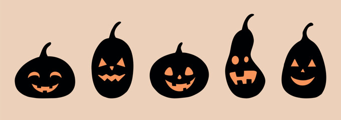 Set of decorative pumpkins for halloween. Halloween party pumpkins with different faces isolated vector symbols set. Illustration mascot pumpkin, halloween cartoon character.