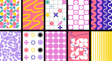 Retro minimalistic pattern Posters, vector abstract circle, triangle, flowers and square graphic elements of geometrical shapes. Trendy bauhaus pattern backgrounds 