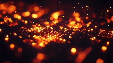 Fototapeta premium Digital embers with a pixelated look, glowing softly in a dark environment, giving off a warm and futuristic vibe.