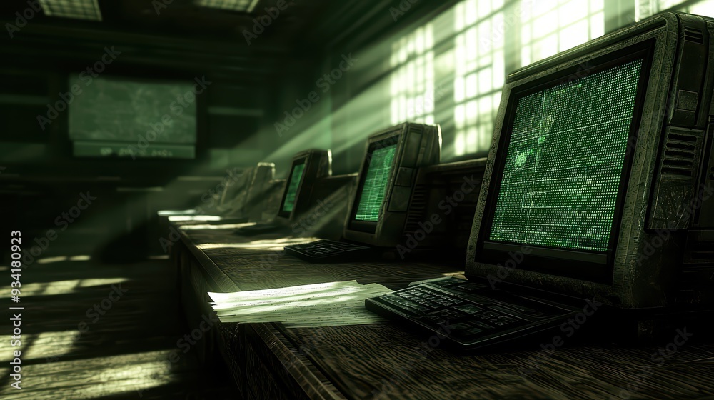 Poster a vintage computer lab with retro monitors and beams of light creating an atmospheric ambiance of no