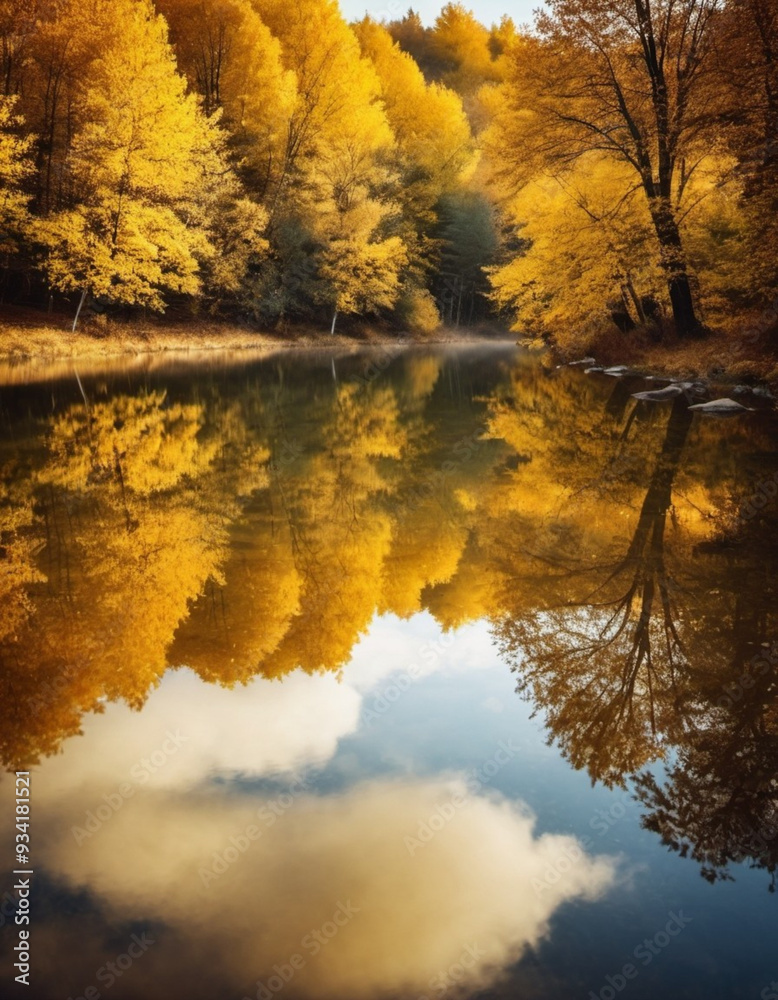 Wall mural Vibrant yellow leaves create a stunning autumn display around a calm lake, with reflections mirroring the foliage on the water's surface as the day comes to a close. Generative AI