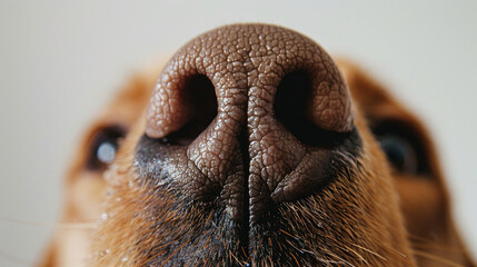 Close-up of a dog's nose with a single water droplet on the tip, against a plain white background