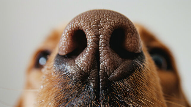 Close-up of a dog's nose with a single water droplet on the tip, against a plain white background