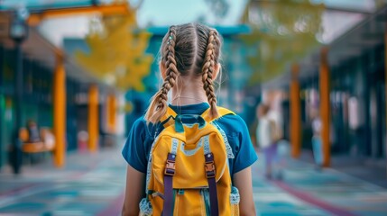 Little Girl Going Back to School . Child wearing a backpack ready for the first day of kindergarten