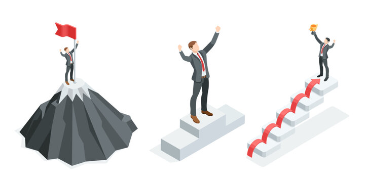 isometric vector set of business man with waving flag on top of mountain and pedestal, in color on white background, achieving goal or success