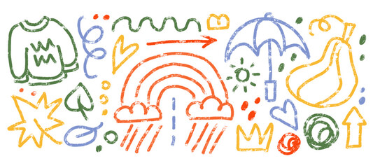 Hand drawn autumn doodle set with hand drawn childish fall season attributes with doodle elements, circles, ovals, swirls. Vector scribble illustration.