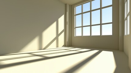 Obraz premium Bright and spacious interior with large windows casting shadows on the floor, ideal for design, architecture, or lifestyle imagery.