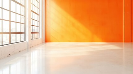 Obraz premium Bright and spacious interior with large windows showcasing vibrant orange walls and polished floor, ideal for modern design.