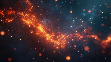 Obraz premium Glowing digital embers floating through a dark space, with particles of light dancing in a futuristic atmosphere.