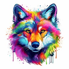 Naklejka premium Colorful artistic depiction of a wolf with vibrant colors and abstract patterns in a creative design