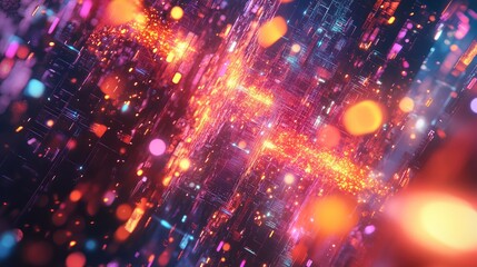 Obraz premium Sparks of digital embers flickering in a high-tech environment, with a blend of warm colors and cool tones.