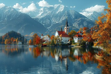 Fototapeta premium A beautiful autumn day with a lake and mountains in the background