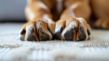 Detailed view of a dog's paw pads, captured on a clean, white surface