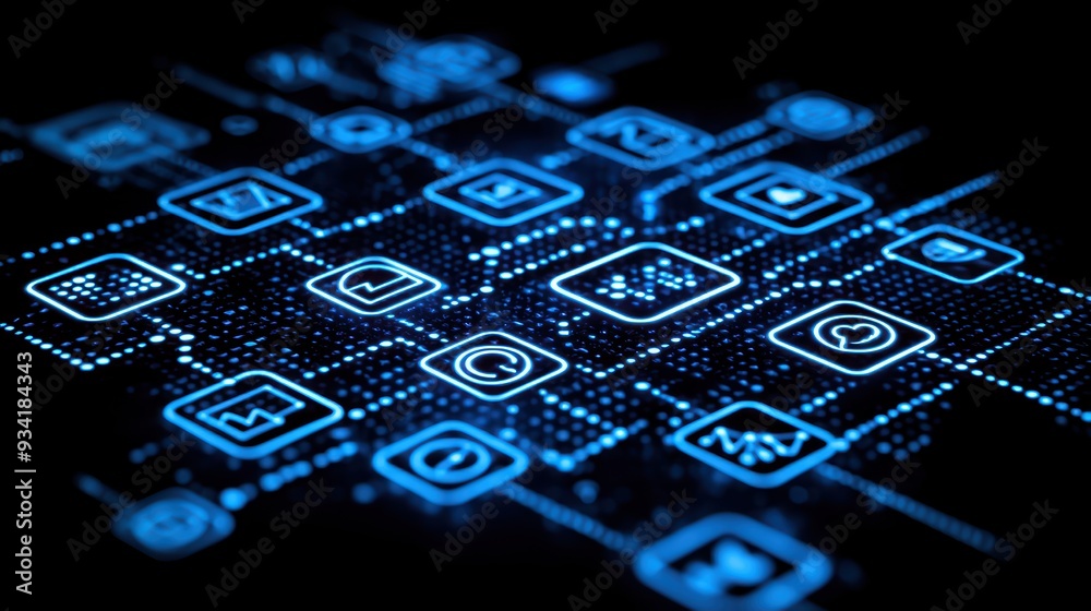 Poster Dynamic digital interface showcasing blue icons and patterns representing technology and connectivity.