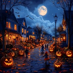 Spooky Halloween Trick or Treat Scene with Costumed Children and Glowing Pumpkins in the