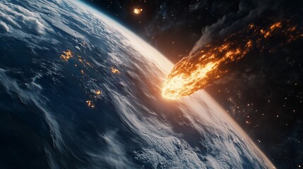 A burning meteorite flies towards the earth.