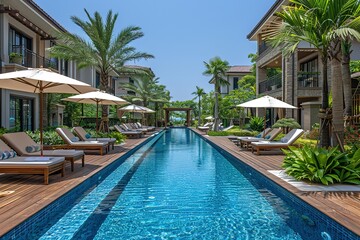 Fototapeta premium A long pool with many lounge chairs and umbrellas