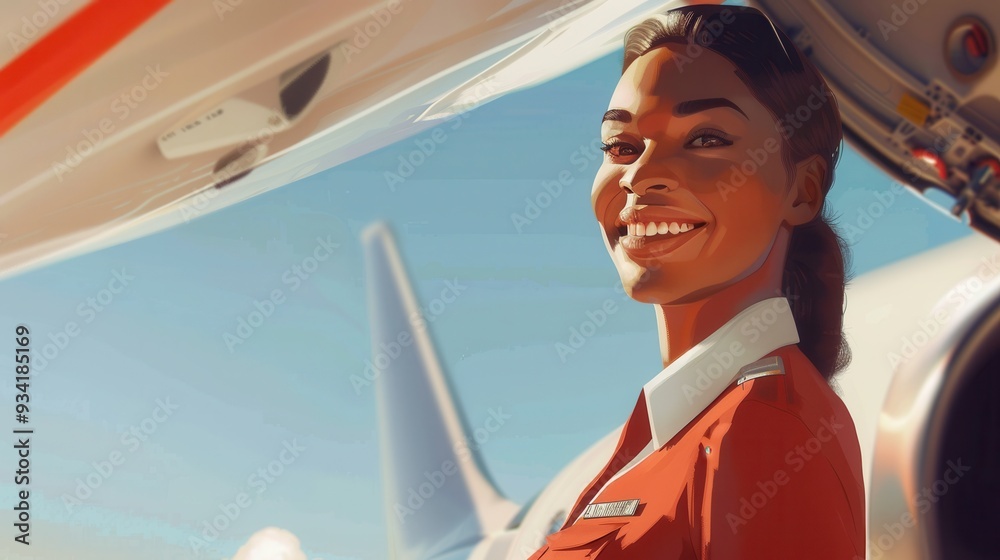 Poster a flight attendant in a red uniform greets passengers with a smile while standing beside an aircraft