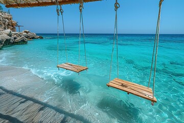 Obraz premium A pair of wooden swings are suspended over the ocean, with the water below them