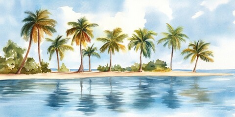 Fototapeta premium Watercolor artwork depicting vintage palm trees on an island getaway