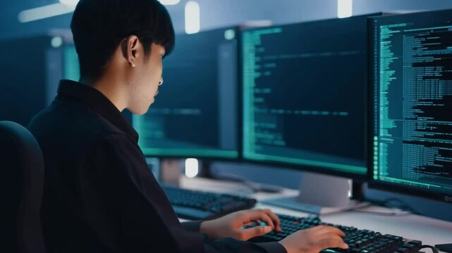 Young asian programmer working on software development on computer in data center
